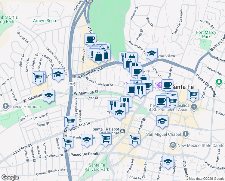 map of restaurants, bars, coffee shops, grocery stores, and more near 560 West San Francisco Street in Santa Fe