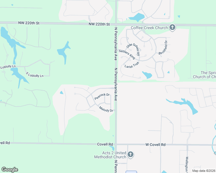 map of restaurants, bars, coffee shops, grocery stores, and more near 2153 Scissortail Landing Drive in Edmond