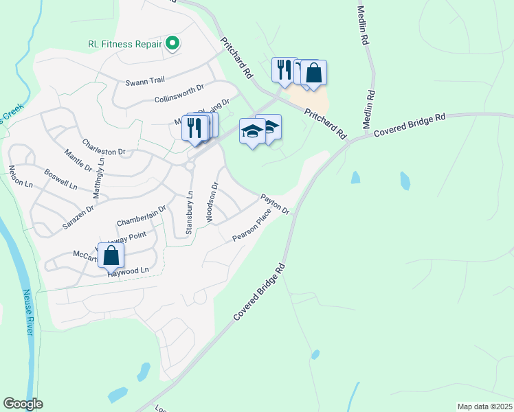 map of restaurants, bars, coffee shops, grocery stores, and more near 633 Woodson Drive in Clayton