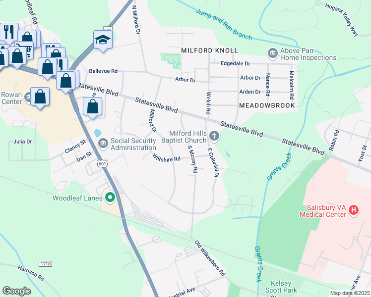 map of restaurants, bars, coffee shops, grocery stores, and more near 138 South Mccoy Road in Salisbury