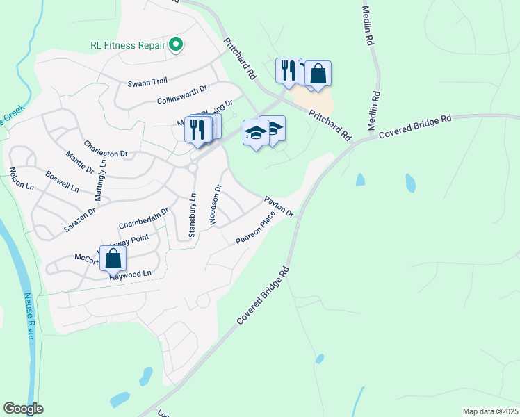map of restaurants, bars, coffee shops, grocery stores, and more near 633 Woodson Drive in Clayton