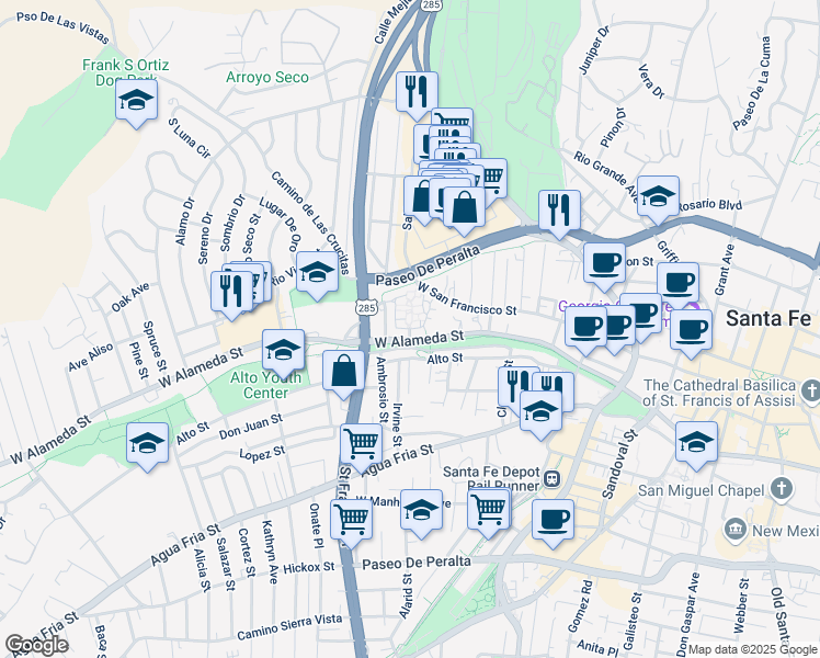 map of restaurants, bars, coffee shops, grocery stores, and more near Villa Alegre Street in Santa Fe