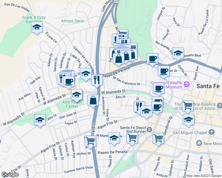 map of restaurants, bars, coffee shops, grocery stores, and more near Villa Alegre Street in Santa Fe