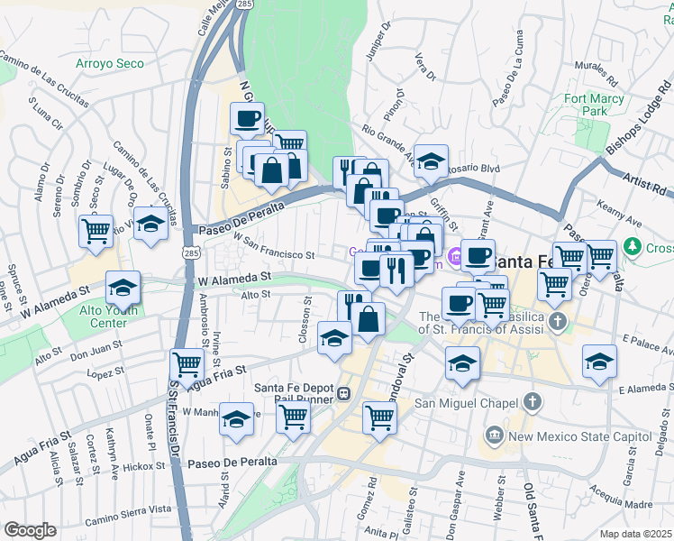 map of restaurants, bars, coffee shops, grocery stores, and more near 529 West San Francisco Street in Santa Fe