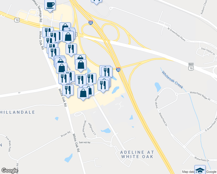 map of restaurants, bars, coffee shops, grocery stores, and more near 1205 Timber Drive East in Garner