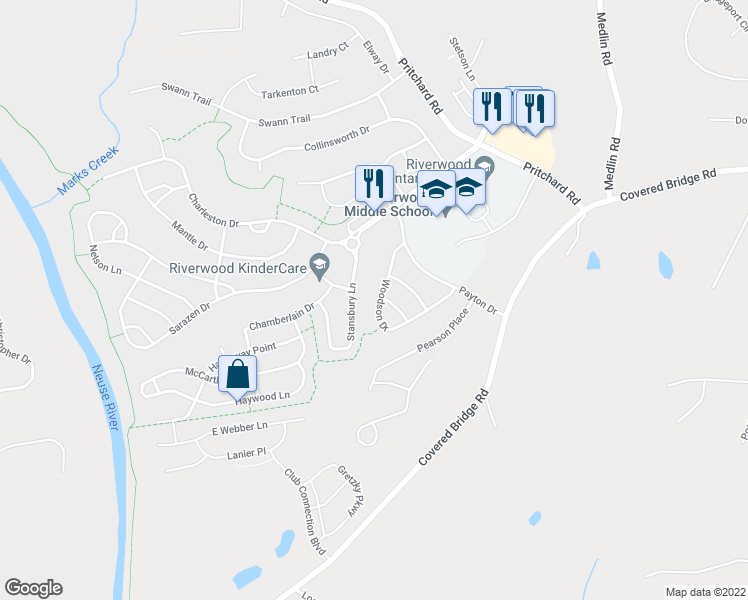map of restaurants, bars, coffee shops, grocery stores, and more near 313 Woodson Drive in Clayton