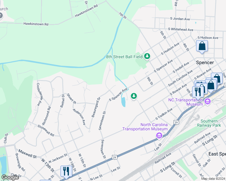 map of restaurants, bars, coffee shops, grocery stores, and more near 7 Beauregard Drive in Spencer