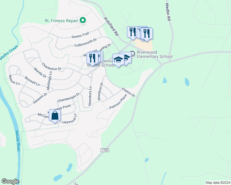 map of restaurants, bars, coffee shops, grocery stores, and more near 612 Woodson Drive in Clayton