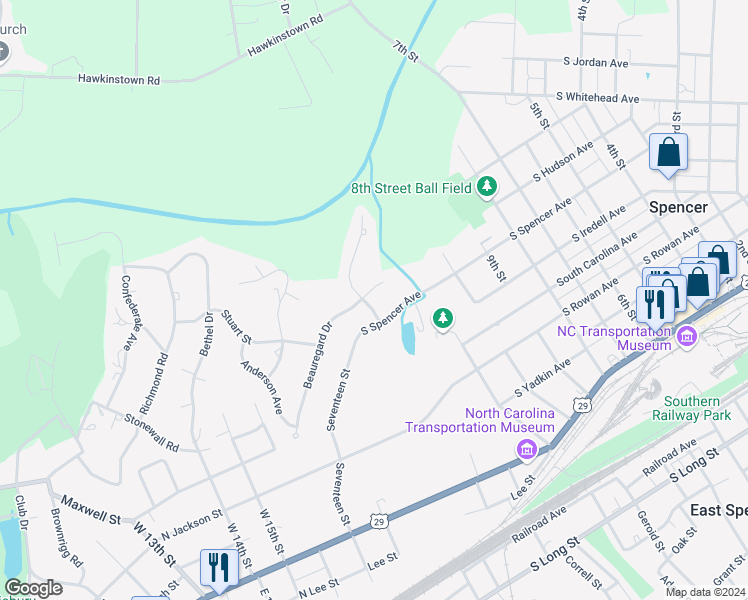 map of restaurants, bars, coffee shops, grocery stores, and more near 7 Beauregard Drive in Spencer