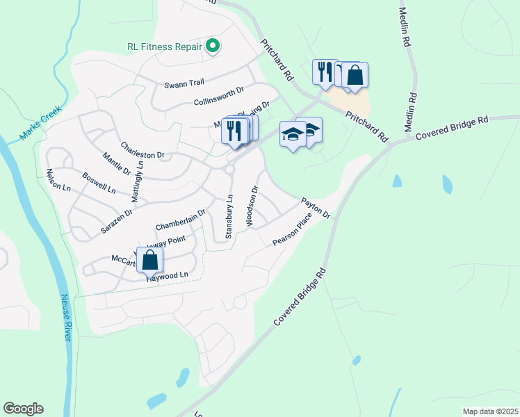 map of restaurants, bars, coffee shops, grocery stores, and more near 120 Winslow Lane in Clayton