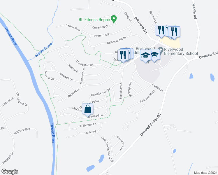 map of restaurants, bars, coffee shops, grocery stores, and more near 201 Chamberlain Drive in Clayton