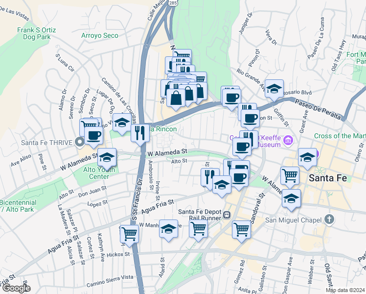 map of restaurants, bars, coffee shops, grocery stores, and more near 621 West Alameda Street in Santa Fe