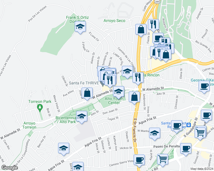 map of restaurants, bars, coffee shops, grocery stores, and more near 919 West Alameda Street in Santa Fe