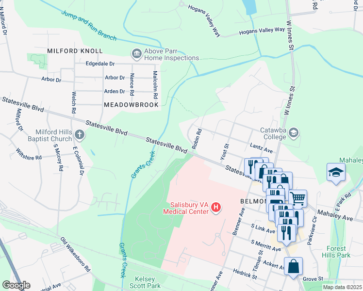 map of restaurants, bars, coffee shops, grocery stores, and more near 632 Statesville Boulevard in Salisbury