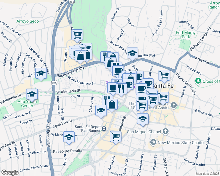 map of restaurants, bars, coffee shops, grocery stores, and more near West San Francisco Street in Santa Fe