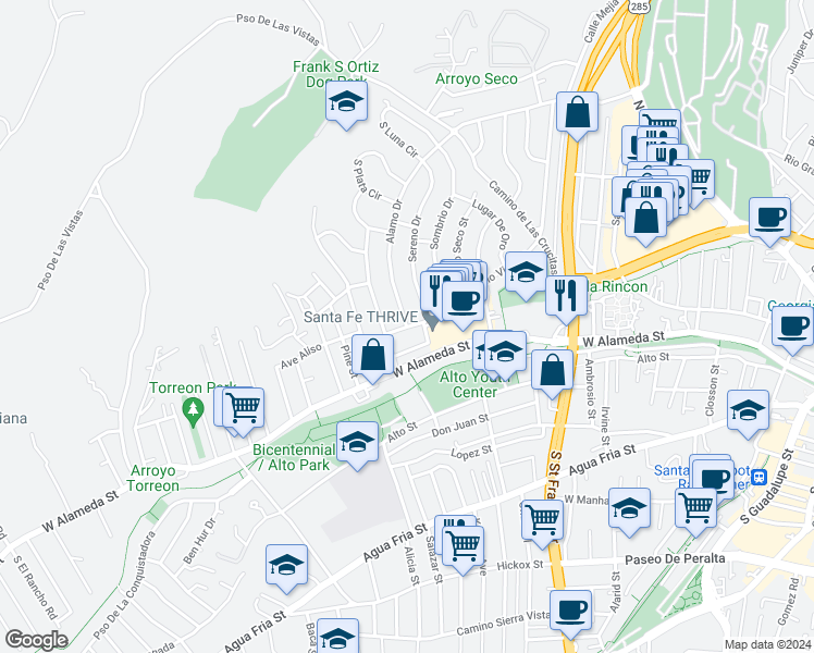 map of restaurants, bars, coffee shops, grocery stores, and more near 25 Alamo Dr in Santa Fe