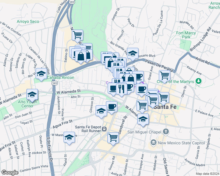 map of restaurants, bars, coffee shops, grocery stores, and more near 435 West San Francisco Street in Santa Fe