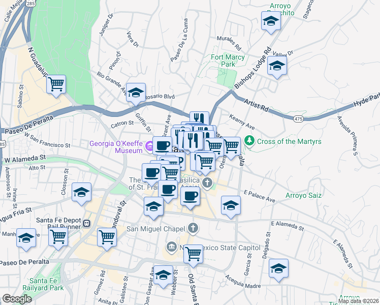 map of restaurants, bars, coffee shops, grocery stores, and more near in Santa Fe