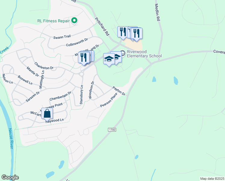 map of restaurants, bars, coffee shops, grocery stores, and more near 641 Woodson Drive in Clayton