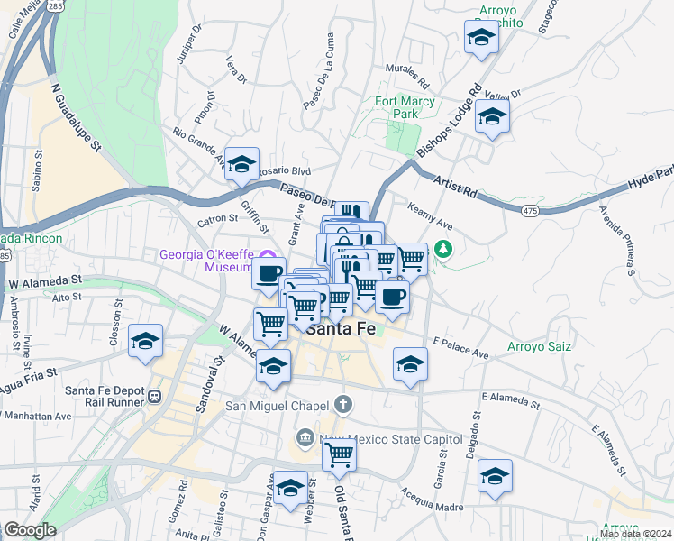 map of restaurants, bars, coffee shops, grocery stores, and more near in Santa Fe