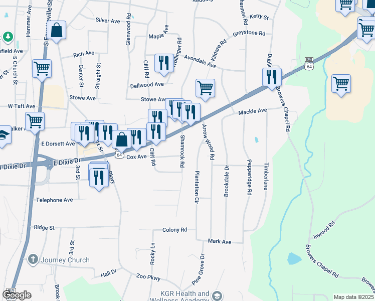 map of restaurants, bars, coffee shops, grocery stores, and more near 1331 Shamrock Road in Asheboro