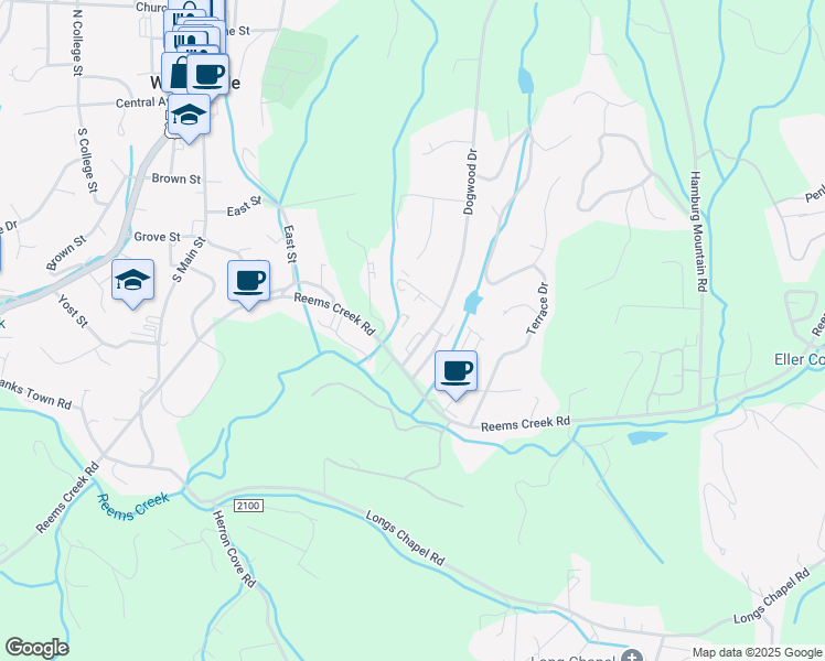 map of restaurants, bars, coffee shops, grocery stores, and more near 8 Dogwood Drive in Weaverville