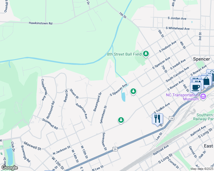 map of restaurants, bars, coffee shops, grocery stores, and more near 8 Beauregard Drive in Spencer