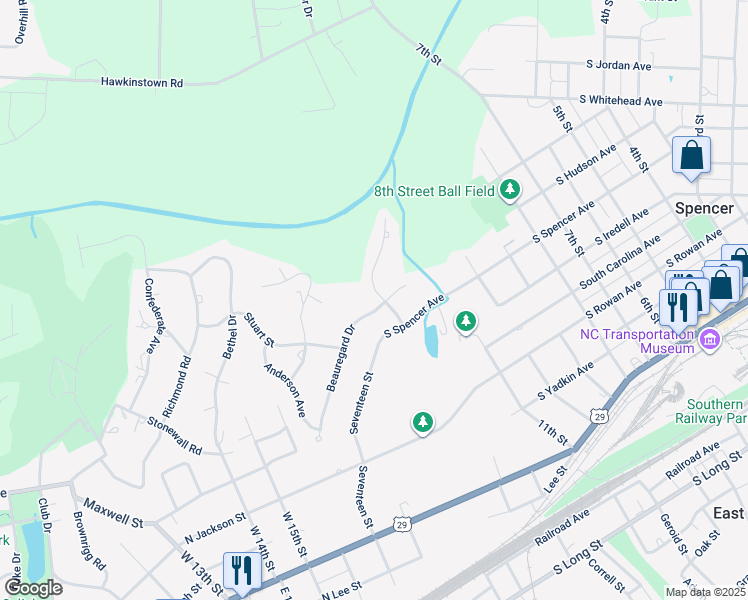 map of restaurants, bars, coffee shops, grocery stores, and more near 8 Beauregard Drive in Spencer
