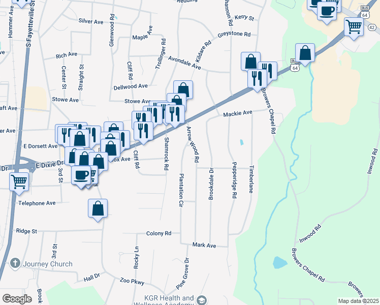 map of restaurants, bars, coffee shops, grocery stores, and more near 1300 Arrowwood Road in Asheboro
