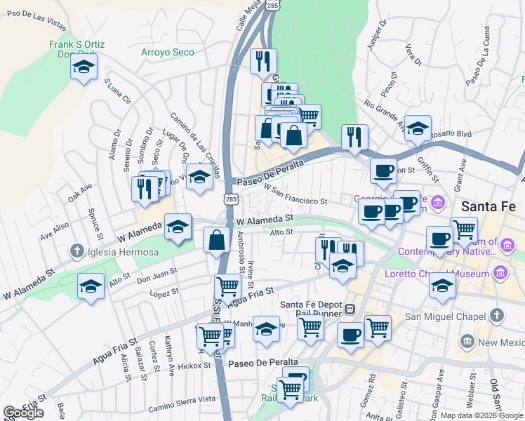 map of restaurants, bars, coffee shops, grocery stores, and more near 150 Villa Alegre Street in Santa Fe