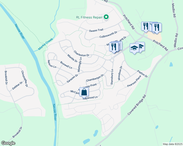map of restaurants, bars, coffee shops, grocery stores, and more near 232 Sarazen Drive in Clayton