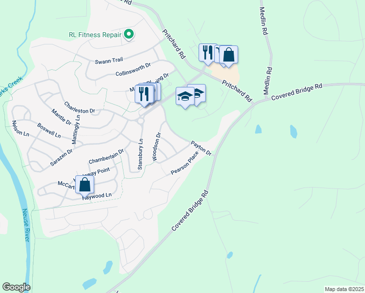 map of restaurants, bars, coffee shops, grocery stores, and more near 632 Woodson Drive in Clayton