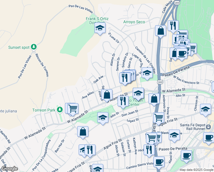 map of restaurants, bars, coffee shops, grocery stores, and more near 121 Solana Drive in Santa Fe
