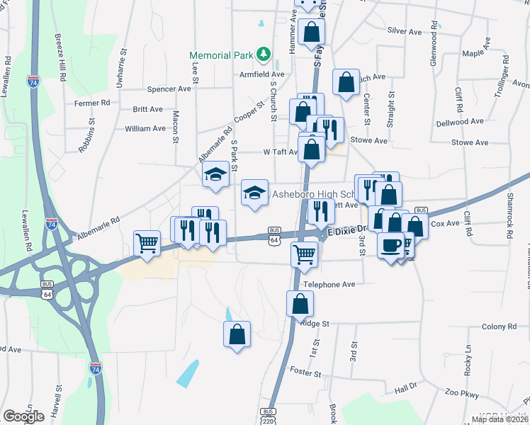 map of restaurants, bars, coffee shops, grocery stores, and more near 1226 South Church Street in Asheboro