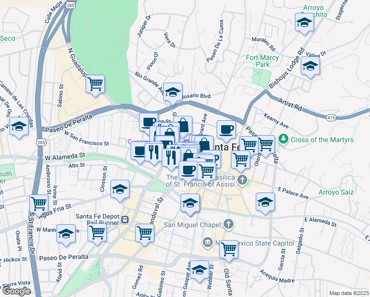 map of restaurants, bars, coffee shops, grocery stores, and more near 220 1/2 Mckenzie Street in Santa Fe