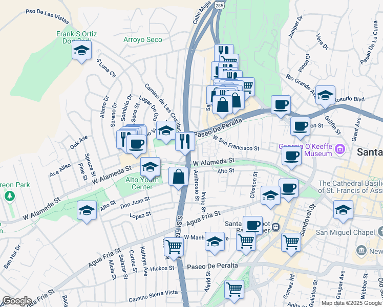 map of restaurants, bars, coffee shops, grocery stores, and more near 107n U.S. 84 in Santa Fe