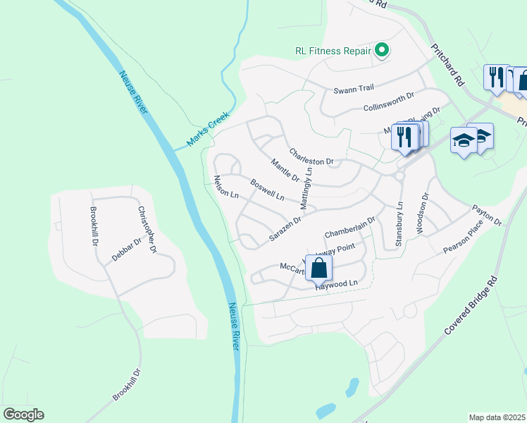 map of restaurants, bars, coffee shops, grocery stores, and more near 120 Nelson Lane in Clayton
