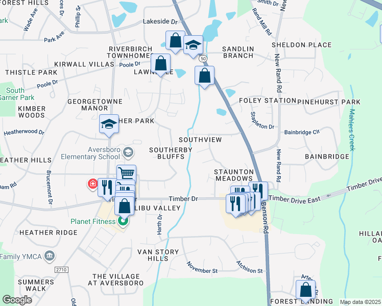map of restaurants, bars, coffee shops, grocery stores, and more near 120 Blackthorne Place in Garner