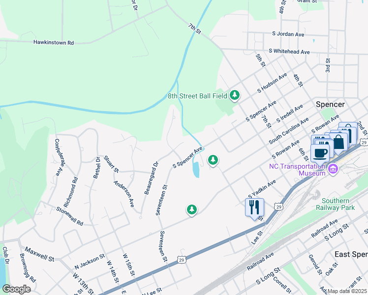 map of restaurants, bars, coffee shops, grocery stores, and more near 5 Beauregard Drive in Spencer