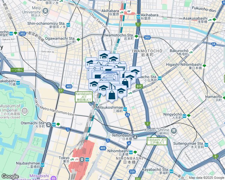 map of restaurants, bars, coffee shops, grocery stores, and more near in Chuo City