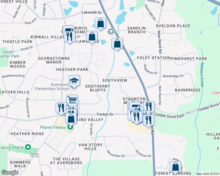 map of restaurants, bars, coffee shops, grocery stores, and more near 120 Blackthorne Place in Garner