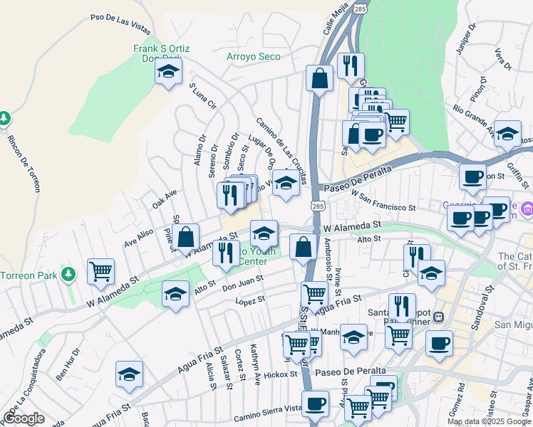 map of restaurants, bars, coffee shops, grocery stores, and more near 73 Placita de Oro in Santa Fe