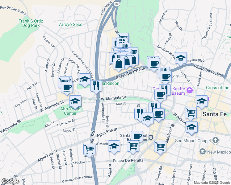 map of restaurants, bars, coffee shops, grocery stores, and more near 121 Villa Alegre Street in Santa Fe