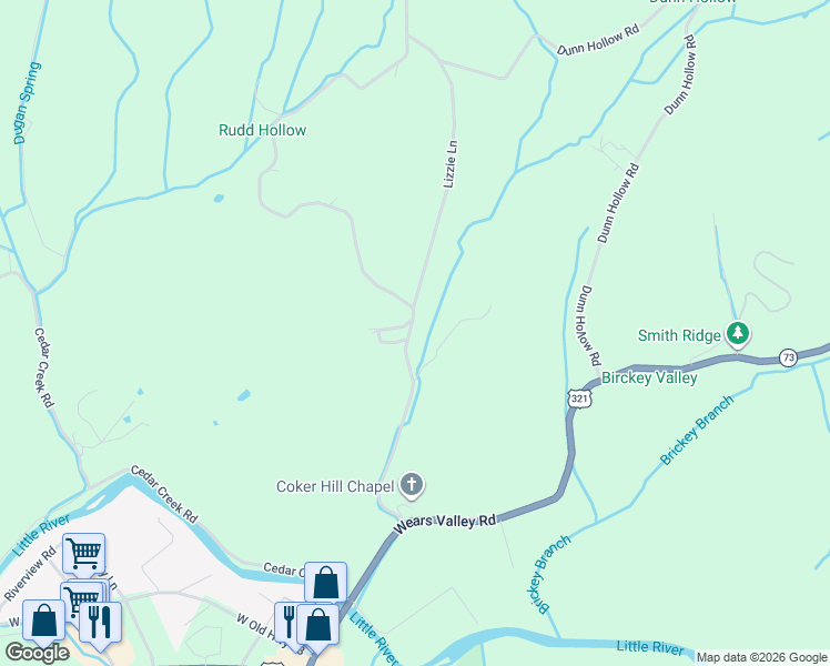 map of restaurants, bars, coffee shops, grocery stores, and more near 426 Rudd Hollow Road in Townsend