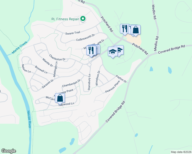 map of restaurants, bars, coffee shops, grocery stores, and more near 237 Woodson Drive in Clayton