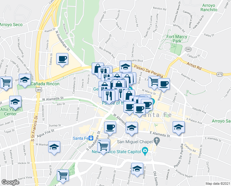 map of restaurants, bars, coffee shops, grocery stores, and more near 321 Johnson Street in Santa Fe