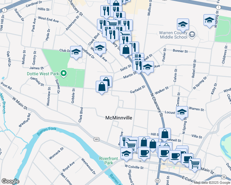 map of restaurants, bars, coffee shops, grocery stores, and more near 223 Garfield Street in McMinnville