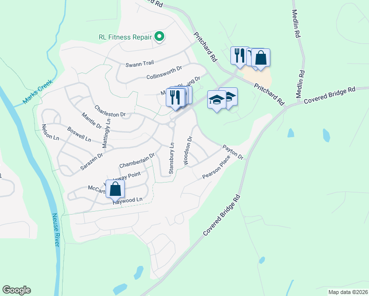 map of restaurants, bars, coffee shops, grocery stores, and more near 237 Woodson Drive in Clayton