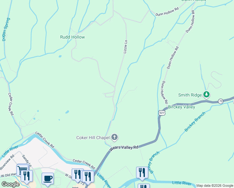 map of restaurants, bars, coffee shops, grocery stores, and more near 426 Rudd Hollow Road in Townsend
