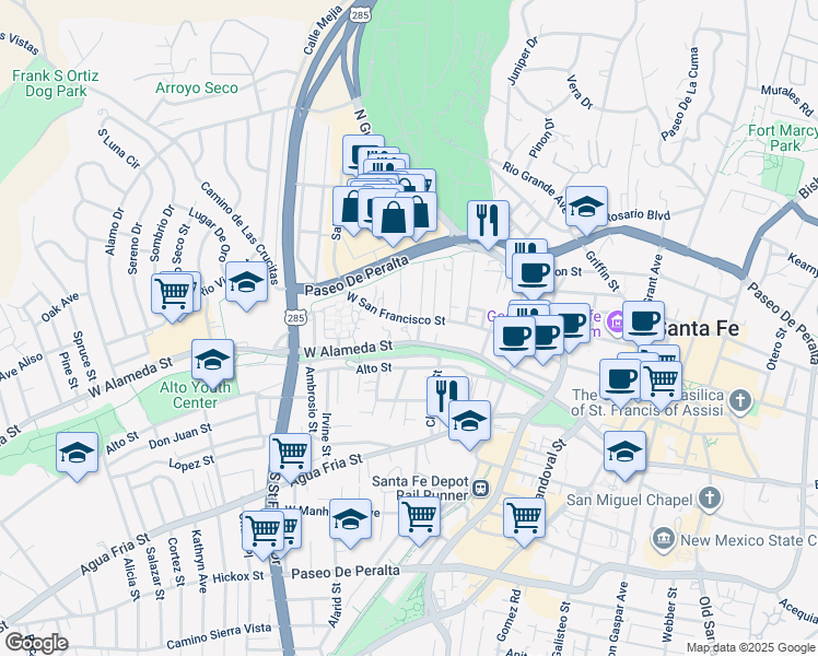 map of restaurants, bars, coffee shops, grocery stores, and more near 620 West San Francisco Street in Santa Fe